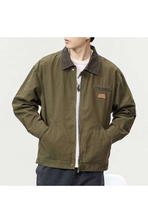 Men's Vintage Jackets Zipper up Work Jacket Long Sleeve Turn-Down Collar Cargo Coat Fashion Streetwear Green XL