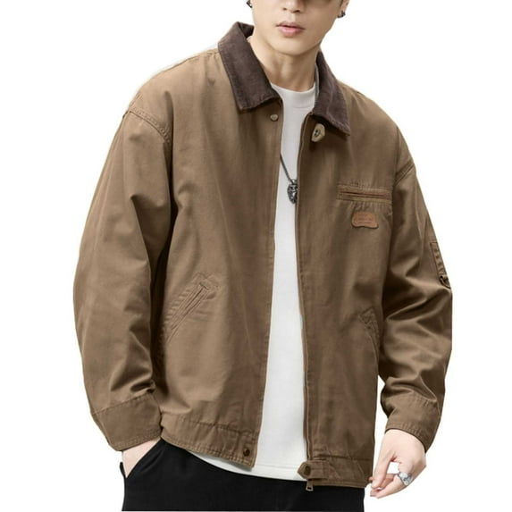 Men's Vintage Jackets Zipper up Work Jacket Long Sleeve Turn-Down Collar Cargo Coat Fashion Streetwear Khaki 4XL
