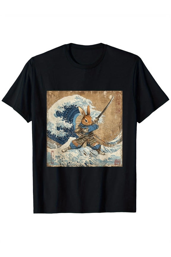 Men's Vintage Japanese Anime Bunny Samurai Warrior Graphic T-Shirt - 100% Cotton Relaxed Fit Tee with Great Wave-Inspired Art, Black Casual Shirt for Men (S-XXXL), Anime Clothes