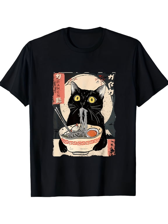 Men's Vintage Japanese Ramen Cat T-Shirt - Kitten Eating Noodles Print Round Neck Short Sleeve, Anime Cat & Ramen Lovers Casual Shirt, Machine Washable Comfortable Casual Attire