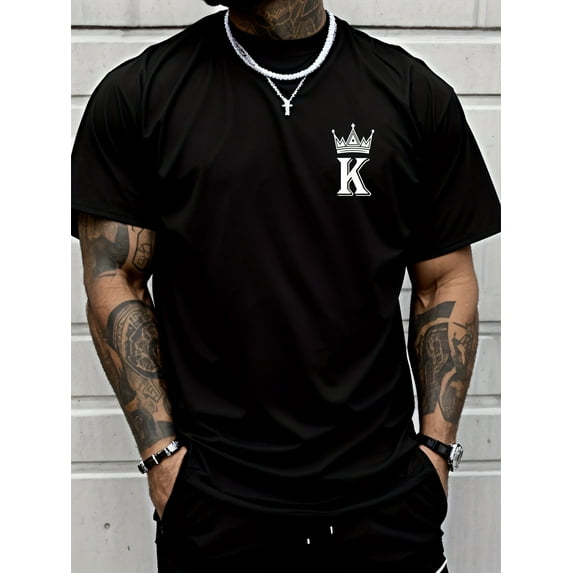 Men's Vintage KiNG With Crown Print Short Sleeve Crew Neck Casual Sports T-Shirt, Polyester Versatile Top For Summer