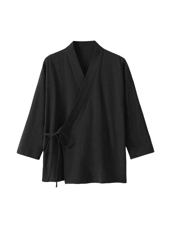 Men's Vintage Kimono Cardigan Cotton Linen Wrap Front Japanese Jinbei Haori Jacket Color Black Size XXXXL
