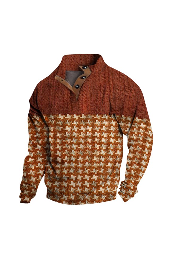 Men's Vintage Knitted Sweater Houndstooth Pattern, Half-Button Collar, Cozy Winter Pullover