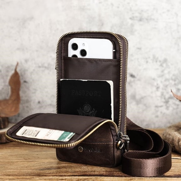 Men’s Vintage Leather Crossbody Bag with Zipper – Genuine Leather Phone Shoulder Pouch with Adjustable Strap, Multi-Compartment Travel Wallet (Fits 6.7″ Smartphones)