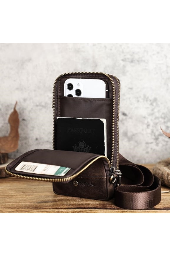 Mens Vintage Leather Crossbody Bag with Zipper Genuine Leather Phone Shoulder Pouch with Adjustable Strap, Multi-Compartment Travel Wallet (Fits 6.7 Smartphones)