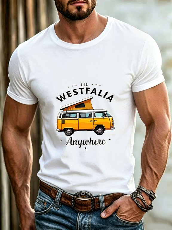 Men's Vintage Lil Westfalia Camper Van Graphic T-Shirt, Yellow Retro Road Trip Crew Neck Tee, Breathable Regular Fit Washable Short Sleeve Top for Camping Outdoor Travel Casual Outfits