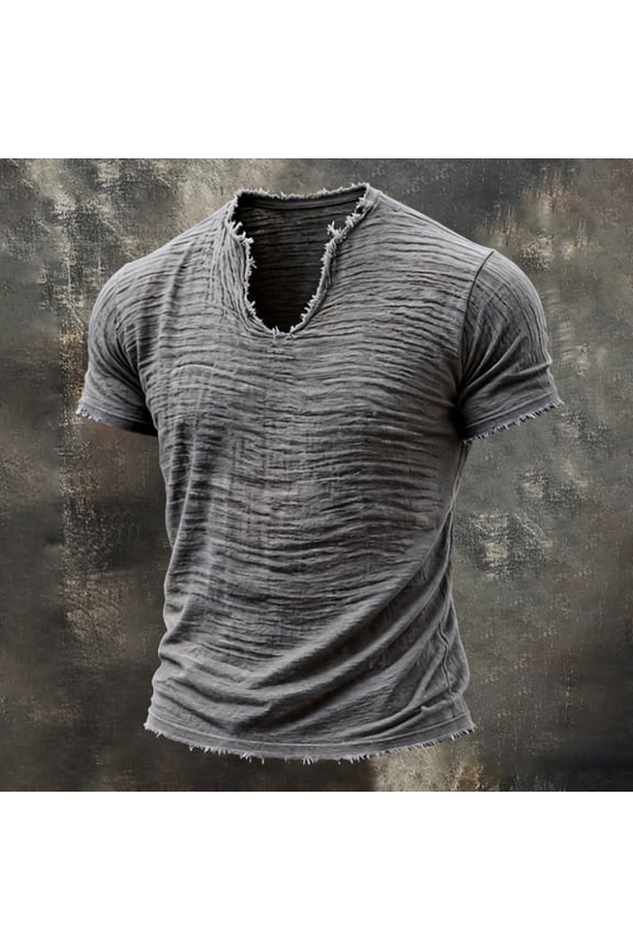 Men's Vintage Linen Raw Edge Plain Short Sleeve Shirts Casual Crewneck Beach Hippie Yoga Shirts