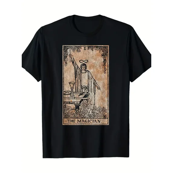 Men's Vintage Magician Tarot Graphic T-Shirt - 100% Cotton, Distressed Mystical Design, Short Sleeve, Round Neck, Casual Wear