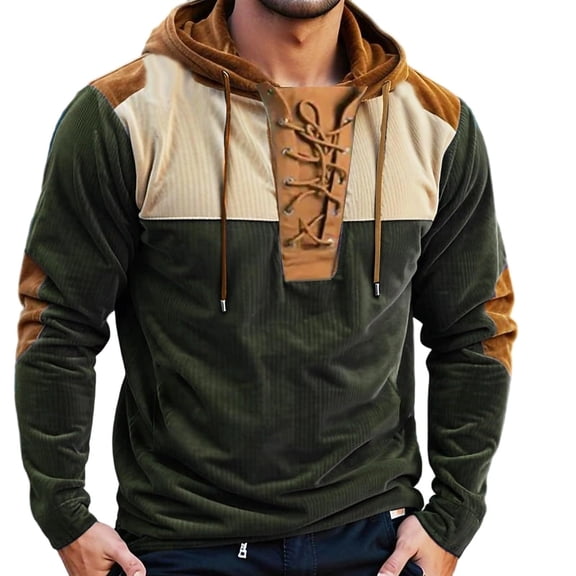 Men's Vintage Medieval Hooded Shirt Lace Up Long Pleated Sleeve Patchwork Top Casual Tactical Outdoor Hoodie