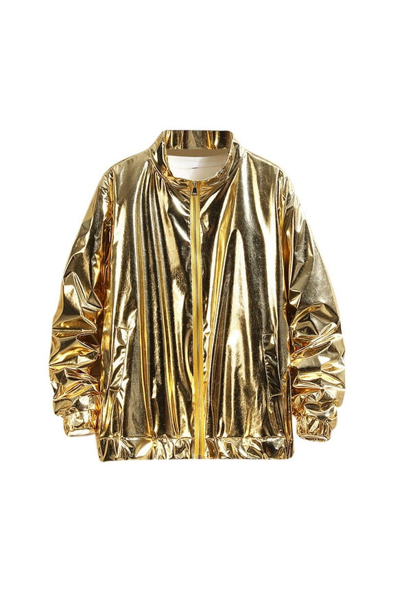 Men's Vintage Metallic Jacket 70s Disco Party Varsity Jacket Shiny Performance Clothing Full Zip-up Stand Collar Coat