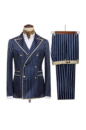 Men's Vintage Navy White Pinstripe Two Piece Formal Suit Double Breasted Gold Button Blazer & High Waist Straight Dress Pants with Beige Piping Trim