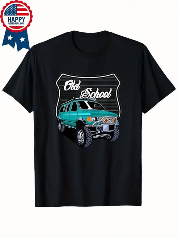 Men's Vintage Off-Road Van Graphic T-Shirt - Retro Old School Tee with Turquoise Adventure Vehicle Design - Black Shirt for Road Trips, Camping, Classic Car Shows - Regular Fit