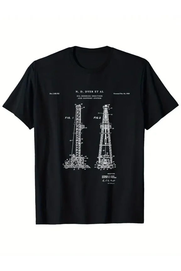 Men's Vintage Oil Derrick Patent T-Shirt - Black drilling rig graphic Tee, Industrial Oilfield Worker Shirt for Petroleum Engineers & Drillers, All-Season Casual Crewneck Top