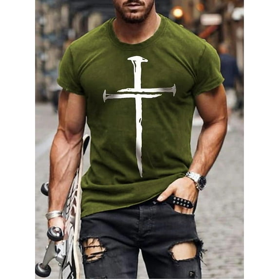 Men's Vintage Oil Painting Faith Jesus Cross Print Casual T-Shirts Christ Crewneck Short Sleeve Shirts for Men Army Green M