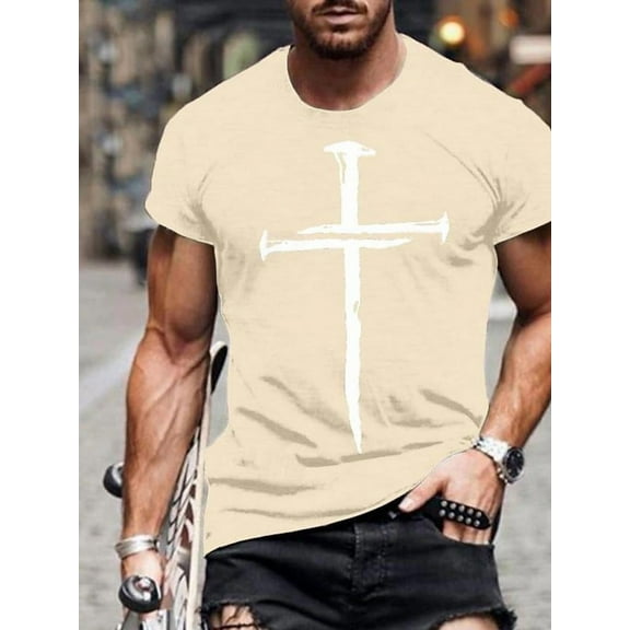 Men's Vintage Oil Painting Faith Jesus Cross Print Casual T-Shirts Christ Crewneck Short Sleeve Shirts for Men Beige 3XL