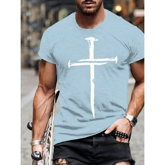 Men's Vintage Oil Painting Faith Jesus Cross Print Casual T-Shirts Christ Crewneck Short Sleeve Shirts for Men Light blue L