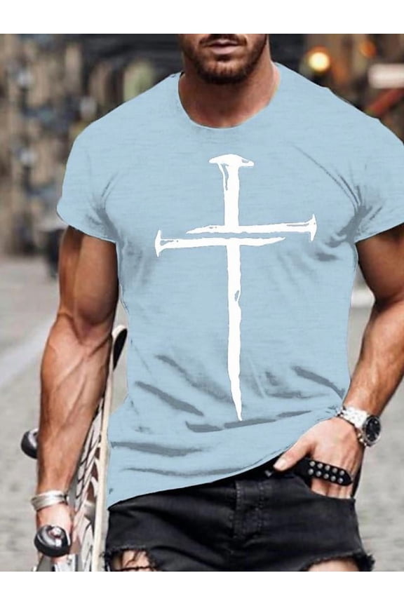 Men's Vintage Oil Painting Faith Jesus Cross Print Casual T-Shirts Christ Crewneck Short Sleeve Shirts for Men Light blue XXL