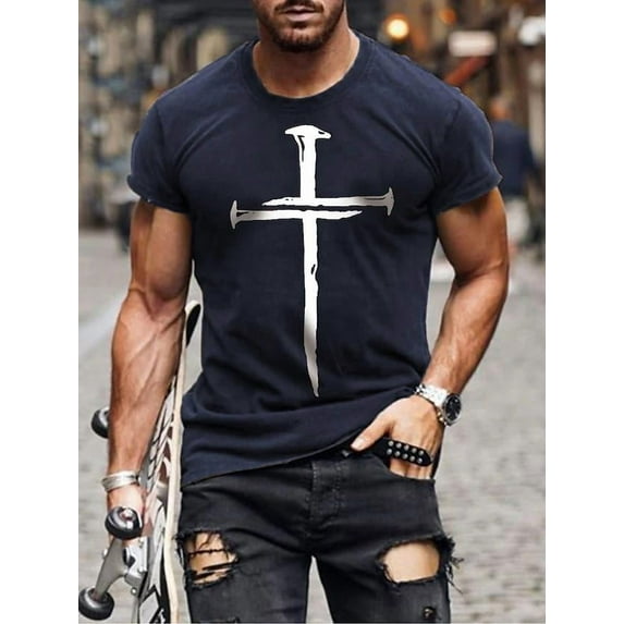 Men's Vintage Oil Painting Faith Jesus Cross Print Casual T-Shirts Christ Crewneck Short Sleeve Shirts for Men Navy 3XL