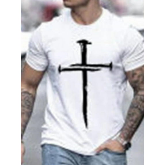Men's Vintage Oil Painting Faith Jesus Cross Print Casual T-Shirts Christ Crewneck Short Sleeve Shirts for Men White XL