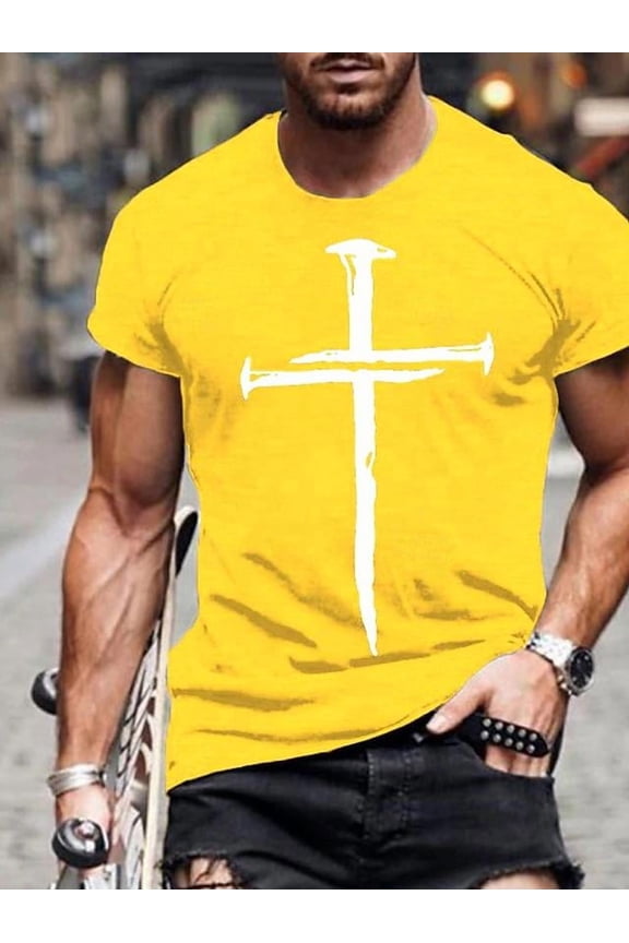 Men's Vintage Oil Painting Faith Jesus Cross Print Casual T-Shirts Christ Crewneck Short Sleeve Shirts for Men Yellow M