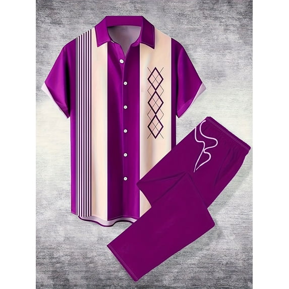 Men's Vintage Outfits Bowling Shirt + Pants Short Sleeve Button Down Hawaiian Summer Beach Printed Casual Shirts Set Purple XL