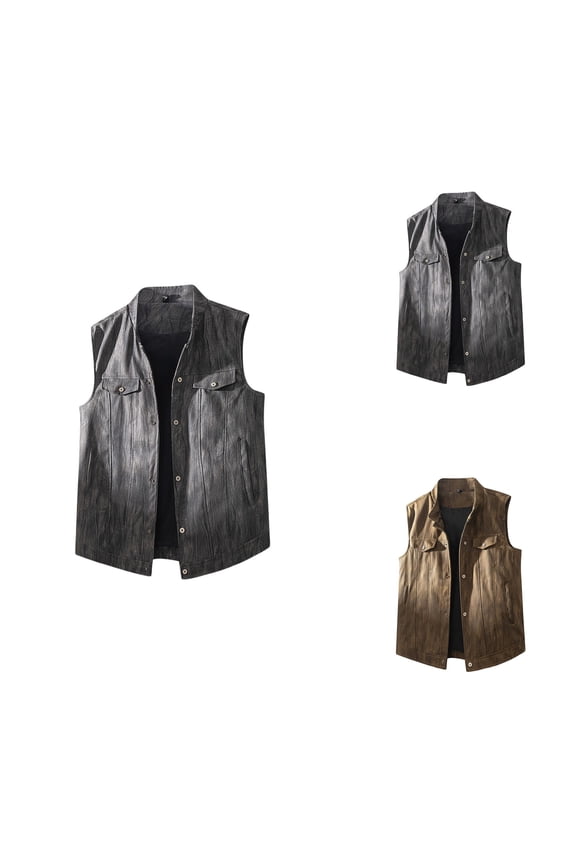 Men's Vintage PU Leather Motorcycle Vest, Button-Down Sleeveless Stand Collar Workwear Jacket, Casual Outerwear for Autumn