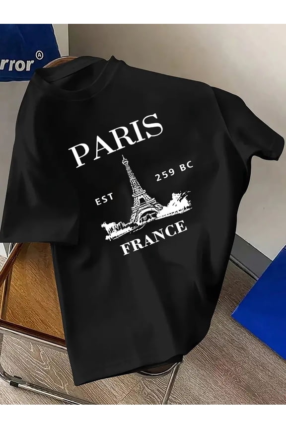 Men's Vintage Paris Eiffel Tower Graphic T-Shirt - Navy Blue, Crew Neck, Short Sleeve, Stretchy Polyester Blend, Machine Washable for Casual & Sports