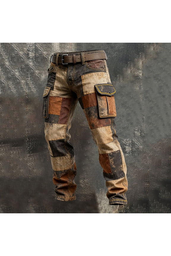 Men's Vintage Patchwork Cargo Pants - Retro Distressed Multi-Pocket Work Trousers, Punk Streetwear Utility Pants for Hiking & Daily Wear (S-XXXXL)
