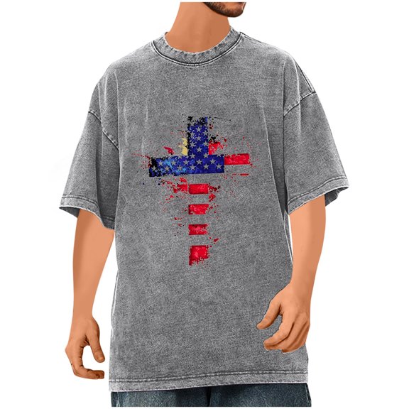Men's Vintage Patriotic T-Shirt – Acid Wash American Flag Graphic Tee, Oversized Baggy Crewneck Short Sleeve Top for 4th of July & Summer 2025