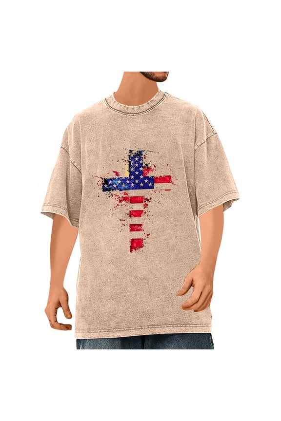 Men's Vintage Patriotic T-Shirt – Acid Wash American Flag Graphic Tee, Oversized Baggy Crewneck Short Sleeve Top for 4th of July & Summer 2025