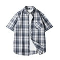 thumbnail image 1 of Men's Vintage Plaid Button Down Shirt Color Block Short Sleeve Casual Shirts Summer Business Casual Loose Dress Shirt Black XXXL, 1 of 3