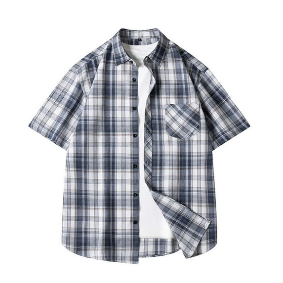 Men's Vintage Plaid Button Down Shirt Color Block Short Sleeve Casual Shirts Summer Business Casual Loose Dress Shirt Black XXXL