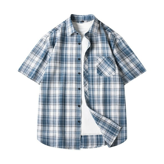 Men's Vintage Plaid Button Down Shirt Color Block Short Sleeve Casual Shirts Summer Business Casual Loose Dress Shirt