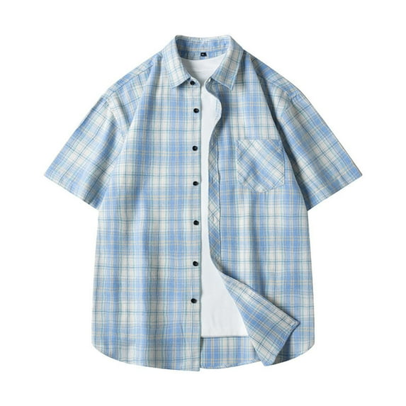 Men's Vintage Plaid Button Down Shirt Color Block Short Sleeve Casual Shirts Summer Business Casual Loose Dress Shirt