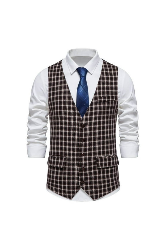 Men's Vintage Plaid Suit Vest Business Formal Dress Waistcoat Vest with Pockets for Suit or Tuxedo