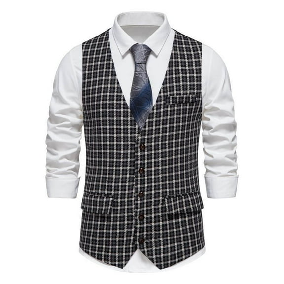 Men's Vintage Plaid Suit Vest Business Formal Dress Waistcoat Vest with Pockets for Suit or Tuxedo