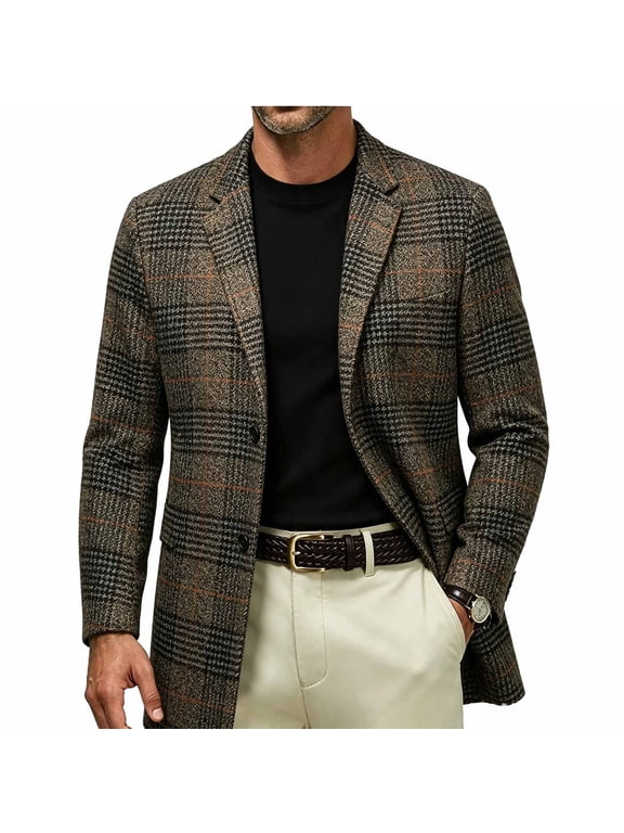 Men's Vintage Plaid Tweed Blazer Jacket, Two Button Wool Blend Winter Warm Padded Coat, Business Casual Suit Jacket for Wedding Party Prom Dinner