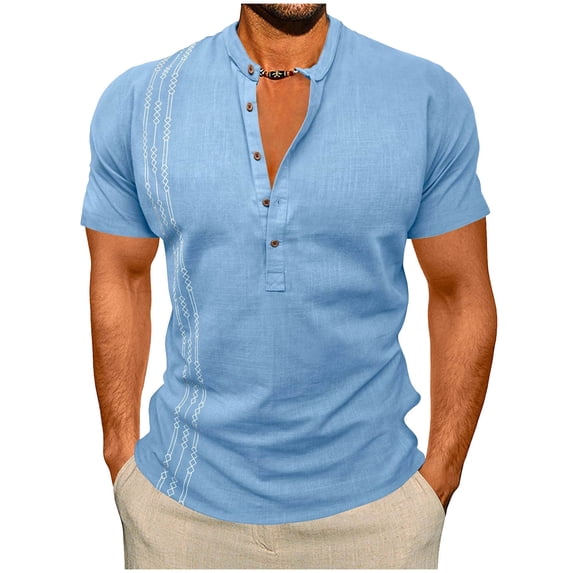 Men's Vintage Print Henley Shirts Half Button Neck Short Sleeve Linen Pullover Casual Summer Vacation T-shirt