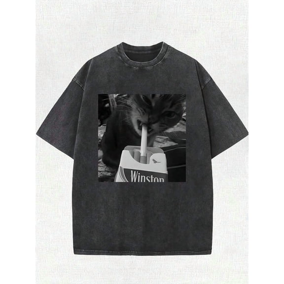 Men's Vintage Print T-Shirt | Cat With Winston Cigarette In Hand, Rebellious Symbol Top, Spring, Summer, Autumn/All-Season Shirt, Vintage Distressed 230g Washed Cotton T-Shirt, Loose Fit, 1 PC