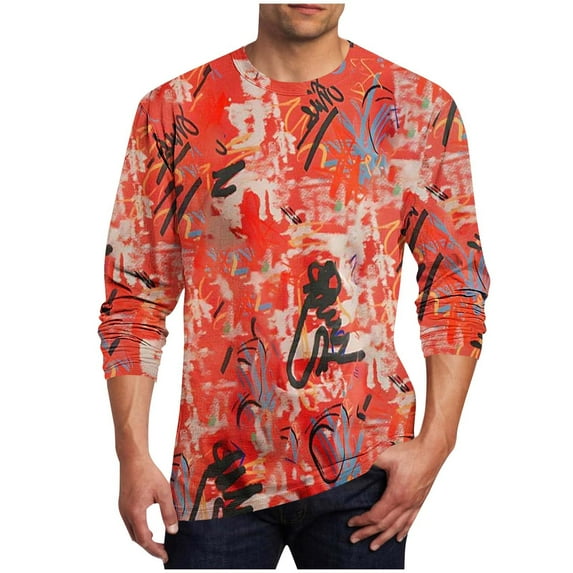 Men's Vintage Printing Pullover Casual Crew Neck Long Sleeve T Shirt Oversize Slim Fit Tops