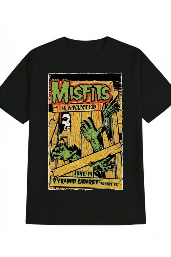 Men's Vintage Punk Rock Graphic T-Shirt - Black Crew Neck Short Sleeve Tee with Skull Hands & MISFITS UNWANTED Print, 1981 June 10th Pyramid Cabaret Concert Design, Regular Fit Summer Streetwear