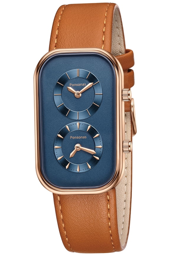 Men’s Vintage Quartz Watch Rectangular Dual-Dial Design with Dual Time Zone,Waterproof Man Watch with Leather Strap, Perfect for Travel & Business