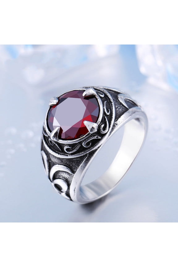 Men's Vintage Ring Stainless Steel Inlaid Sapphire Ring Carved Band Personalized Titanium Steel Ring Fashion Jewelry Ring for Him Gift for Birthday