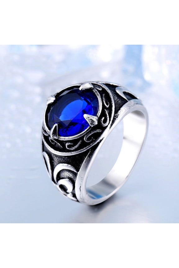 Men's Vintage Ring Stainless Steel Inlaid Sapphire Ring Carved Band Personalized Titanium Steel Ring Fashion Jewelry Ring for Him Gift for Birthday