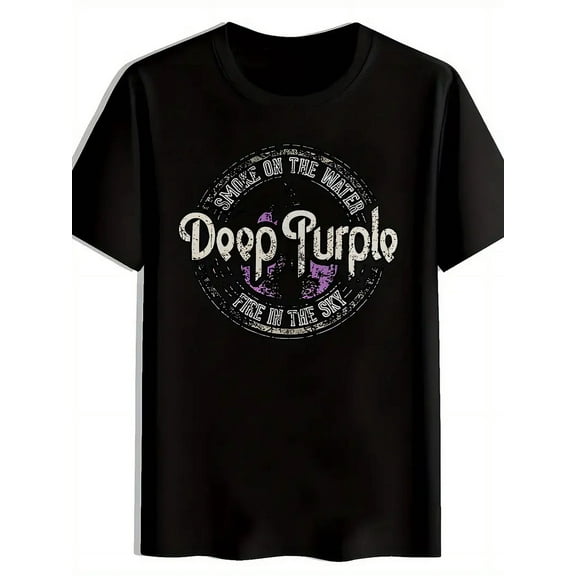 Men'S Vintage Rock Band Graphic T-Shirt Black Distressed Letter Short Sleeve Top with "Deep Purple" with Vintage Logo