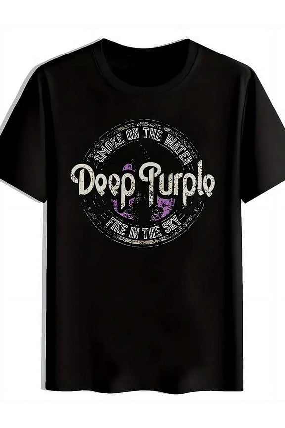 Men'S Vintage Rock Band Graphic T-Shirt Black Distressed Letter Short Sleeve Top with "Deep Purple" with Vintage Logo