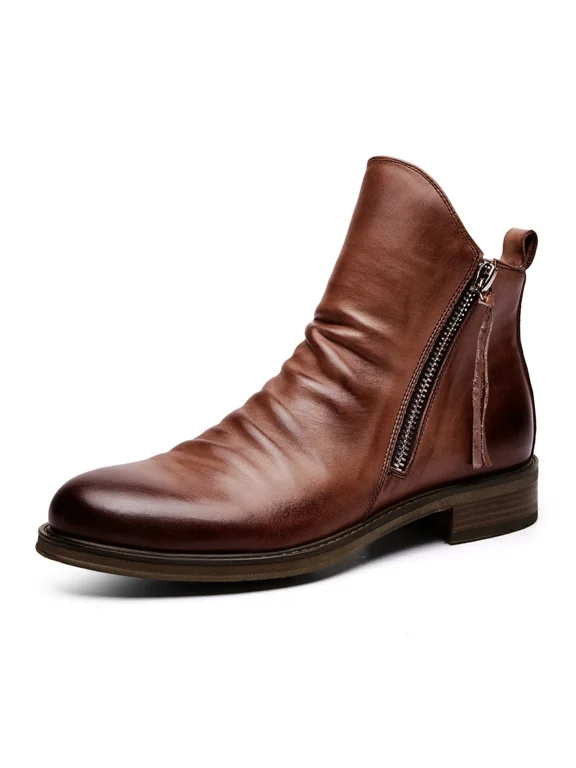 Men's Vintage Ruched Ankle Boots, Side Zipper Tassel Decor Casual Chelsea Martin Boots, Non-Slip Block Heel Fashion Boots for Spring Autumn, Plus Sizes Available
