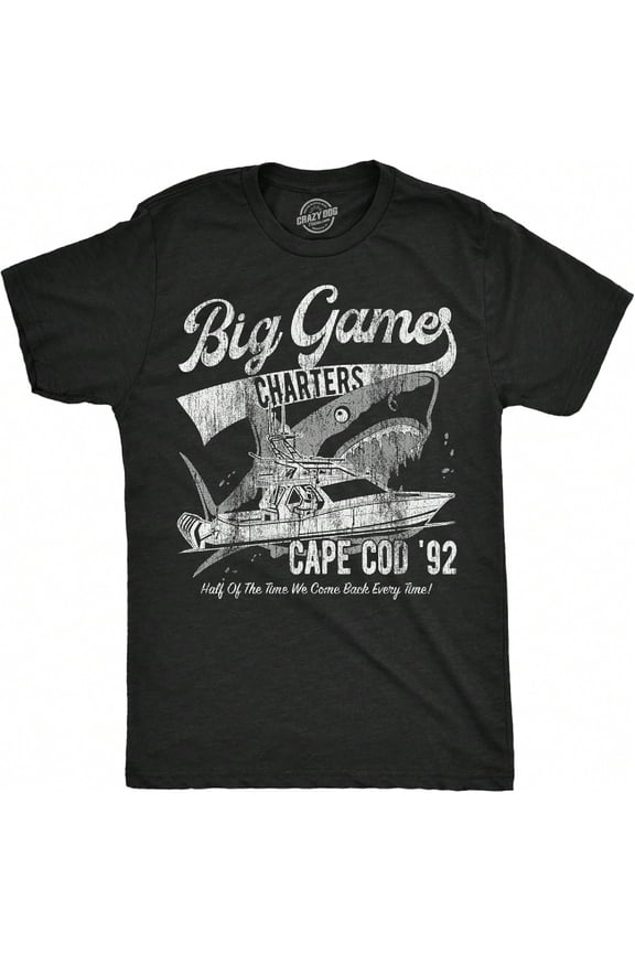Men's Vintage Shark Fishing Graphic T-Shirt Big Game Charters Cape Cod 92 Cotton Tee