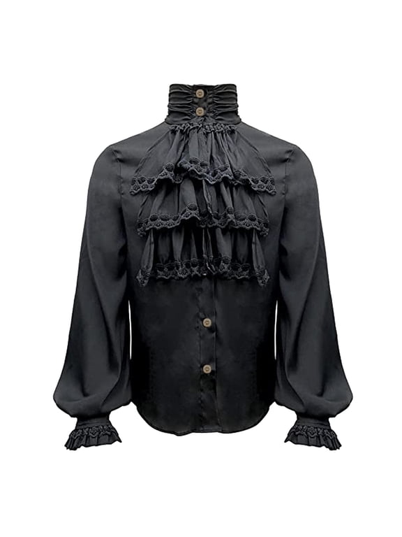 Men's Vintage Shirt Stand Collar Ruffle Front Lantern Sleeve Blouse Button Down Gothic Retro Top