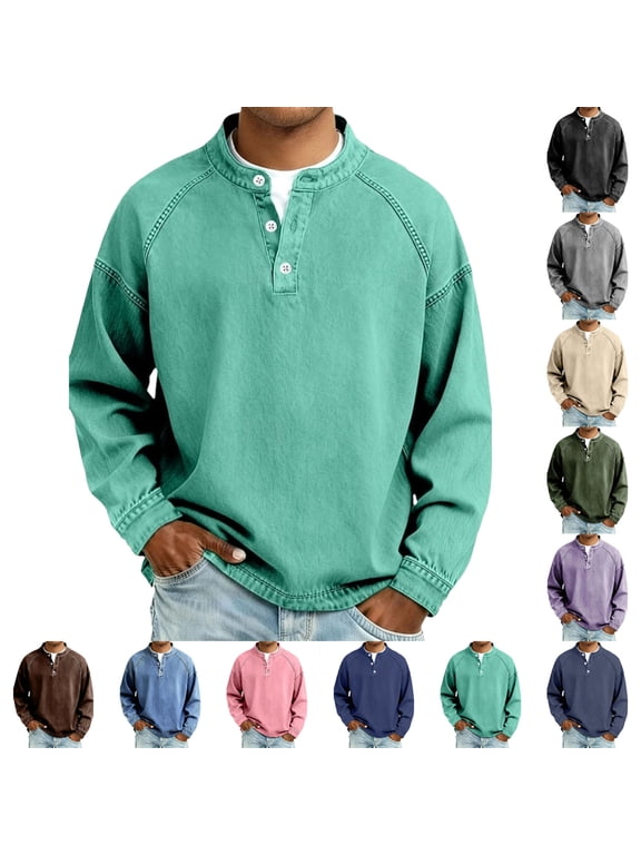 Men's Vintage Shirts Casual Solid Distressed Washed Long Sleeve Tops Spring Fall Wear Stand Collar Button Henley Shirts Daily Outfit